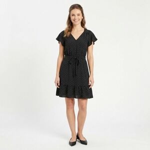 GAP Womens XS Petite Black White Heart Print Flutter Sleeve Ruffle Mini‎ Dress